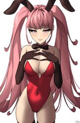 1girls absurdres alternate_costume blush bowtie breasts bunny_ears bunny_girl bunnysuit closed_mouth elbow_gloves female female_only fire_emblem fire_emblem:_three_houses gloves hands_on_own_chest highres hilda_valentine_goneril large_breasts leotard long_hair looking_at_viewer nintendo open_mouth pink_eyes pink_hair playboy_bunny red_leotard revision simple_background smile smirk smug solo thighhighs twintails white_background x_xith_x