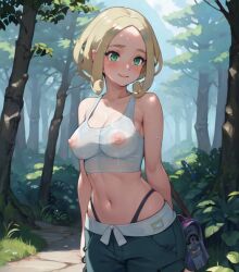 ai_generated blush midriff pokemon see-through_top stable_diffusion tank_top viola_(pokemon) wet_shirt woods