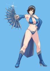 1girls abs big_breasts black_hair blue_background blue_clothing blue_theme breasts cirenk cosplay fan female female_only fully_clothed heel_boots heels kazama_asuka kitana kitana_(cosplay) light-skinned_female light_skin mortal_kombat mortal_kombat_(2011) short_hair simple_background smile smiling solo solo_female tekken tekken_5_dark_resurrection toned toned_body toned_female toned_stomach weapon