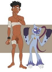 2023 absurd_res anthro arm_wraps balls band-aid bandage black_hair casual_nudity chest_wraps duo ear_piercing ear_ring female feral flaccid flat_chested fur generation_8_pokemon genitals grey_body grey_fur hair hi_res human leg_wraps male mammal nintendo penis piercing pokemon pokemon_(species) pubes pussy ring_piercing scar semi-anthro sneasler story story_in_description tush wraps