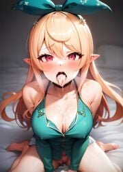 ai_generated blonde_hair blush cleavage cum cum_in_mouth cum_on_breasts elf_ears hair_ribbon kneeling nijisanji nijisanji_en open_mouth pomu_rainpuff stable_diffusion tongue_out virtual_youtuber