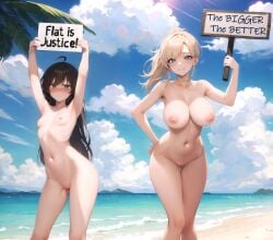 2girls ahoge ai_generated anime_style ap2-ai-artist beach big_breasts blonde_hair blue_eyes brown_hair completely_naked completely_nude embarrassed exhibitionism flat_chest green_eyes hand_on_hip hands_above_head hi_res high_resolution holding_object holding_sign large_breasts long_hair naked nipples nude original original_character ponytail pussy small_breasts vagina