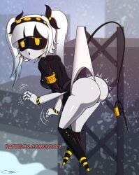 1girls ass ass_focus big_butt bubble_butt coxxy embarrassed female_only hanging_wedgie j_(murder_drones) murder_drones no_panties pigtails robot robot_girl round_ass stuck tail uniform_top wedgie white_hair yellow_eyes