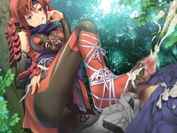 ass ayataka_shizune bike_shorts blue_eyes breasts brown_hair cameltoe censored clothing cum cum_on_clothes cum_on_lower_body ejaculation feet female footjob forest game_cg highres legs looking_at_viewer medium_breasts naughty_face ninja penis pubic_hair samurai_hormone smile suzuki_mei thighs tongue tree