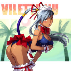 ass breast_hold breasts cleavage code_geass dark-skinned_female dark_skin long_hair nekomata_naomi one-piece_swimsuit oppai ponytail silver_hair swimsuit thighhighs tied_hair villetta_nu yellow_eyes