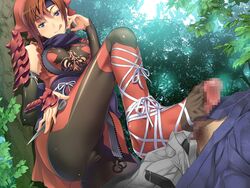 ass ayataka_shizune bike_shorts blue_eyes breasts brown_hair cameltoe censored clothing feet female footjob forest game_cg highres legs looking_at_viewer medium_breasts naughty_face ninja penis pubic_hair samurai_hormone smile suzuki_mei thighs tongue tree