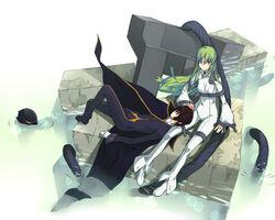 code_geass green_hair hizamakura lap_pillow lelouch_lamperouge long_hair lying sitting yellow_eyes yukari_(konekonekozou)