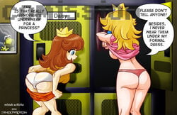 1boy 2girls ass caption dialog female from_behind human koopa_troopa locker_room mario_(series) mistahuchiha multiple_girls nintendo panties pink_panties princess_daisy princess_peach sideboob text thong undressing white_panties