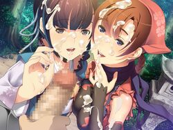 2girls ayataka_shizune blue_eyes breasts brown_hair censored clothing cum cum_in_mouth cum_on_clothes cum_on_hair cum_on_upper_body facial game_cg highres japanese_clothes kagurazaka_kojuurota long_hair looking_at_viewer open_mouth penis ponytail purple_eyes purple_hair samurai_hormone smile suzuki_mei tied_hair