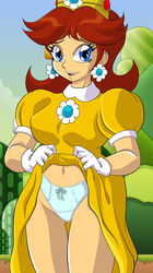 1girls blue_eyes bow_panties breasts brooch brown_hair crown dark_red_hair dress dress_lift earrings female female_only flower_earrings gloves human kayzer looking_at_viewer mario_(series) nintendo panties princess princess_daisy redhead shoulder_length_hair skirt_lift smile smiling solo super_mario_bros. thick thick_thighs thigh_gap thighs white_panties wide_hips