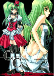 back bow butt_crack c.c. code_geass cover cover_page doujinshi dress frills from_behind gothic_lolita green_hair gun handgun hat high_heels highres lolita_fashion long_hair looking_back makoushi mini_top_hat pistol shoes skirt thighhighs tied_hair top_hat twintails undressing weapon yellow_eyes