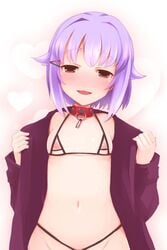 :d bikini blush breasts brown_eyes collar female hair_ornament hairclip idolmaster idolmaster_cinderella_girls koshimizu_sachiko lillithlauda looking_at_viewer navel nipples open_clothes open_jacket open_mouth purple_hair short_hair smile solo swimsuit