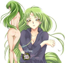 ass blush breasts c.c. cleavage code_geass green_hair iyou long_hair mizuno_poppo nude oppai thigh_gap yellow_eyes