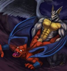 abs anal arma_(demon's_crest) ass boner cum demon demon's_crest duo erection feathered_wings feathers firebrand forced gargoyle grin male male_only muscles nude open_mouth orgasm pecs penis plussun rape red_arremer red_skin sex video_games wings yaoi