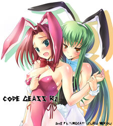 2girls animal_ear blue_eyes blush breasts bunny_ear bunny_girl bunnysuit c.c. code_geass cosplay female female_only green_hair kallen_stadtfeld kemonomimi multiple_girls nekou_izuru nipples oppai pantyhose pink_legwear red_hair tights usamimi yellow_eyes