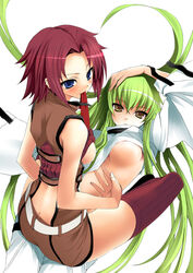 2girls bare_shoulders blue_eyes breasts butt_crack c.c. code_geass female female_only green_hair kallen_stadtfeld long_hair lying mouth_hold multiple_girls oppai red_hair shirt_lift shitapai short_hair sleeveless sleeveless_turtleneck tatami_to_hinoki thighhighs turtleneck white_background yellow_eyes