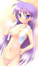 kagami_hiiragi lowleg lowleg_panties lucky_star milk panties purple_hair topless towel underwear wet yukizuki_chikuba