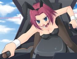 animal_ear blue_eyes breasts bunny_ear bunny_girl bunnysuit cleavage clothing cockpit code_geass cosplay female human kallen_stadtfeld kemonomimi machine mecha oppai pale_skin pantyhose red_hair straddling tights usamimi