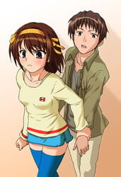 casual g-tetsu holding_hands kyon short_hair skirt suzumiya_haruhi suzumiya_haruhi_no_yuuutsu thighhighs zettai_ryouiki