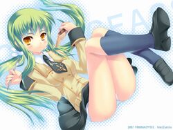 c.c. code_geass eating food fork green_hair komi_zumiko long_hair panties pizza school_uniform underwear yellow_eyes