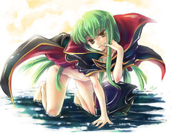 c.c. cape code_geass cosplay green_hair helmet kneeling long_hair naked_cape nekou_izuru nude solo water yellow_eyes zero_(code_geass) zero_(code_geass)_(cosplay)