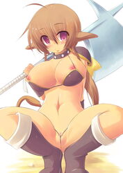 animal_ears axe blush breasts brown_hair censored clitoris_slip collar female kourourin nipple_slip nipples purple_eyes solo tail weapon