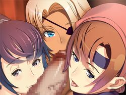 3girls blonde_hair blue_eyes brown_hair censored collaborative_fellatio eye_patch fellatio game_cg harem highres looking_at_viewer multiple_girls oral penis purple_eyes purple_hair samurai_hormone smile suzuki_mei teamwork tongue