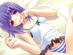 5_fingers amane_sou anime_girl anime_nose anime_style bedding bedding_background blush blush_lines blushing blushing_at_viewer bow cg eroge flat_chest flat_chested game_cg hazuki_sakura laying_down laying_on_back laying_on_bed light light-skinned_female light_skin looking_at_viewer lying_on_back lying_on_bed nails nails_painted not_porn official_art panties pastel_(game) purple_hair ruffled_shirt ruffles sfw shiny_hair shiny_skin short_hair siesta_(eroge_studio) striped_panties stripper_clothes tagme underwear warm_colors warm_lighting white_top