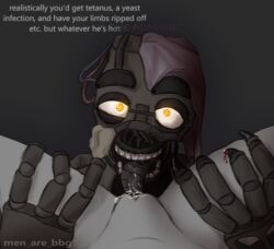 animatronic blood cunnilingus endoskeleton five_nights_at_freddy's five_nights_at_freddy's:_security_breach licking_pussy looking_at_viewer lowres male male/ambiguous men_are_bbg orange_eyes pov_cunnilingus pussy pussy_juice robot robotic_tongue security_breach:_ruin straight the_mimic_(fnaf) tongue y/n