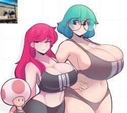 2023 2girls alternate_breast_size big_breasts blank_background blue_hair breasts chibi ferdinandus glasses green_hair huge_boobs huge_breasts large_boobs large_breasts long_hair mario_(series) medium_support_(meme) meme meme_attire meme_clothing multiple_girls nintendo pink_hair plain_background red_hair short_hair short_hair_female size_difference sports_bra toad_(mario) top_heavy white_background