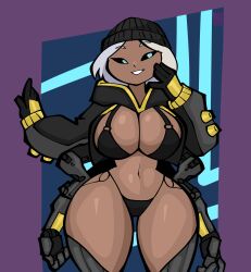 big_breasts black_eyes blue_eyes breasts cleavage clothing cyan_eyes dark-skinned_female dark_skin female grin grinning hat jek_korpen purple_background short_hair short_hair_female simple_background solo thick thick_ass thick_hips thick_legs thick_thighs white_hair