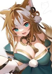 1girls animal_ears big_breasts blue_eyes breasts cleavage dog_ears dog_girl female female_focus female_only genderswap_(mtf) genshin_impact gorou_(genshin_impact) ms_hina_(genshin_impact) rule_63 solo strapless_dress two_tone_hair