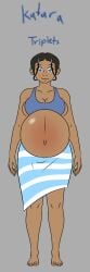 1girls avatar_legends avatar_the_last_airbender barefoot belly big_belly big_breasts bikini blue_eyes breasts cleavage dark-skinned_female dark_skin female katara kink-king_54 outie_navel pregnant sideboob solo solo_female swimsuit text towel towel_around_waist water_tribe