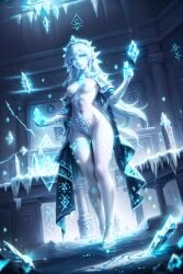 ai_generated anime_style ap2-ai-artist barefoot blue_eyes blue_hair blue_skin cape crown emotionless fantasy female full_body hi_res high_resolution ice long_hair magic medium_breasts naked nipples nude original original_character pale_skin pointy_ears pussy queen runes vagina white_hair yuki_onna