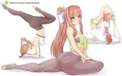 1girl 1girls ass blank_background bow bow_in_hair bow_ribbon doki_doki_literature_club green_eyes looking_at_viewer monika_(doki_doki_literature_club) multiple_images peach_hair plain_background pony_tail ponytail raionart stirrup_legwear white_background yoga yoga_pants yoga_pose