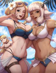 3girls :d ;d absurdres alternate_costume animal_ears ash_(fire_emblem) bare_shoulders beach bikini blonde_hair blue_bikini blue_sky blue_swimsuit breasts brown_eyes brown_hair cleavage cow_ears cow_girl cow_tail dark-skinned_female dark_skin ear_piercing evomanaphy eyewear_on_head female female_only fire_emblem fire_emblem_cipher fire_emblem_heroes flower freckles grey_hair grin groin hair_flower hair_ornament heart highres horns jewelry kiran_(female)_(fire_emblem) kiran_(fire_emblem) kiran_(fire_emblem)_(female) large_breasts long_hair looking_at_viewer multiple_girls navel nintendo official_alternate_costume one_eye_closed piercing sharena_(fire_emblem) short_hair sky smile sunglasses swimsuit tail v white_bikini white_swimsuit