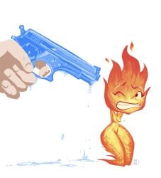 at_gunpoint elemental_(pixar) ember_lumen fire imminent_death small_breasts smaller_female tagme threat_the_bitch threatening tittydispenser watergun white_background