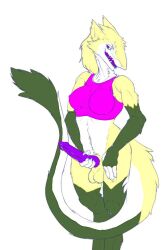 anonymous_artist anthro athletic breasts fur futanari genitals green_body green_fur herm hi_res intersex penis purple_eyes purple_penis sergal solo weiss yellow_body yellow_fur