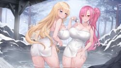 2girls absurdres ass back bare_shoulders blonde_hair blue_eyes blush breasts cleavage collarbone covered_navel curvy deogho_(liujinzy9854) forest from_behind highres hot_spring huge_breasts licking_lips light-skinned_female light_skin long_hair looking_at_viewer looking_back multiple_girls nature onsen original outdoors pink_eyes pink_hair pouring pouring_onto_self shoulder_blades side_ponytail sideboob sidelocks smile snow tongue tongue_out very_long_hair wading water wide_hips