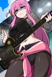 1girls absurd_res big_breasts blue_eyes bocchi_the_rock! bongfillstudent electric_guitar female female_only fishnet_topwear fishnets gotou_hitori guitar guitar_pick hoodie_around_waist long_hair looking_at_viewer pantyhose pink_hair shorts smiling smiling_at_viewer solo telecaster viewed_from_below