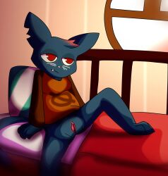 anthro bed blue_body blue_fur bottomless bottomless_female brown_clothing brown_shirt brown_topwear casual_exposure cel_shading clothed clothing embertail803 felid feline female fur furniture genitals hi_res highlights_(coloring) mae_borowski mammal night_in_the_woods notched_ear null_symbol on_bed pussy red_eyes shaded shirt sitting sitting_on_bed solo solo_focus spread_legs spreading topwear