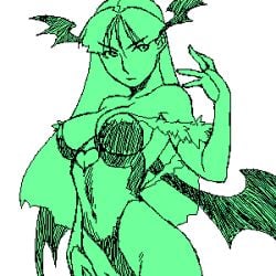 1girls artist_request big_breasts breasts busty capcom cleavage clothing covered_navel darkstalkers green_theme head_wings highres large_breasts long_hair lowres medium_breasts monochrome morrigan_aensland oekaki solo voluptuous wings