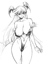 1girls areola_slip bare_shoulders bat_wings big_breasts breasts bridal_gauntlets busty capcom child_bearing_hips cleavage clothing clothing_cutout contrapposto covered_erect_nipples covered_navel curvy darkstalkers demon_girl erect_nipples_under_clothes fingernails fur_trim greyscale head_wings heart heart_cutout highleg highleg_leotard highres huge_breasts inoue_takuya large_breasts leotard long_fingernails long_hair looking_afar monochrome morrigan_aensland navel_cutout nipple_slip nipples no_bra pantyhose parted_lips revealing_clothes sagging_breasts sensual simple_background sketch solo standing toned very_long_hair wide_hips wings