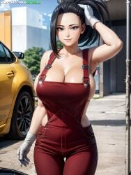 1girls ai_generated armpits black_hair breasts car cleavage female hi_res large_breasts light-skinned_female light_skin long_hair mechanic momo_yaoyorozu my_hero_academia outdoors overalls panda_ai ponytail stable_diffusion sweat sweaty_body