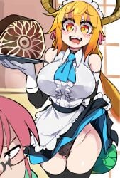 2girls absurd_res big_breasts blonde_hair bongfillstudent cleft_of_venus clothes_lift dragon_girl dragon_horns drool female female_only food glasses horns horny kobayashi light_blush looking_at_viewer maid maid_headdress maid_uniform miss_kobayashi's_dragon_maid pink_hair pussy_visible_through_clothes pussy_visible_through_panties pussy_visible_through_thong slit_pupils tohru_(dragon_maid) tray voluptuous yellow_eyes