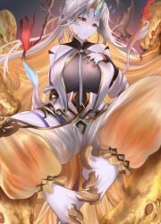 1girls absurdly_long_hair alternate_costume bare_thighs barefoot blonde_hair bodystocking breasts detached_sleeves female female_only fire_emblem fire_emblem_heroes foot_fetish foot_focus frown gold_trim gradient gradient_clothes grey_hair grey_skin gullveig_(fire_emblem) gullveig_(seer_beyond_time)_(fire_emblem) hand_on_own_chest horn huge_breasts long_hair long_sleeves looking_at_viewer mature mature_female multicolored_hair nenemu0 nintendo official_alternate_costume open_pants pale_skin puffy_pants raised_eyebrows single_horn snake snake_hair solo thick_thighs thigh_cutout thigh_strap thighs tight_clothing two-tone_hair very_long_hair yellow_eyes yellow_nails