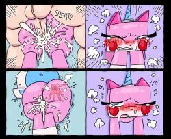 comic cum cum_in_pussy female feral forced forced_orgasm lego qoolbunart slap_mark stuck_in_wall through_wall unikitty unikitty_(series) wall