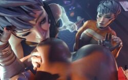 2023 3d 3girls apex_legends asian asian_female big_breasts breast_grab breast_sucking breasts dark-skinned_female dark_skin female female_only female_pov grey_hair head_grab holding_breast holding_head hologram large_breasts light-skinned_female light_skin lips loba_(apex_legends) nipples pov red_nails see-through see-through_clothing son_umbasa valkyrie_(apex_legends) watermark yuri