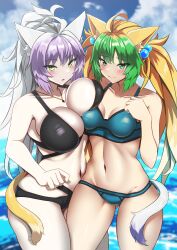 2girls :o asymmetrical_docking atalanta_(alter)_(fate) atalanta_(fate) beach big_breasts bikini blonde_hair blush breast_size_difference fate/apocrypha fate/grand_order fate_(series) green_hair kemonomimi large_breasts lion_ears lion_girl lion_tail looking_at_viewer multiple_girls open_mouth purple_hair silver_hair small_breasts swimsuit tagme two_tone_hair water wide_hips yuzu_kiro