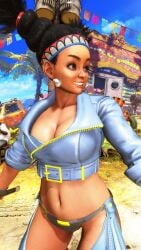 1girls 3d angel_(kof) angel_(kof)_(cosplay) big_breasts black_hair busty capcom cosplay dark-skinned_female female female_only hi_res king_of_fighters large_breasts lily_hawk navel smile snk solo street_fighter toned twin_braids voluptuous